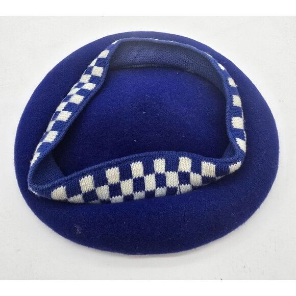 Vintage Blue Wool Beret With Pom Pom & Checkered Inner Band - Picture 2 of 5